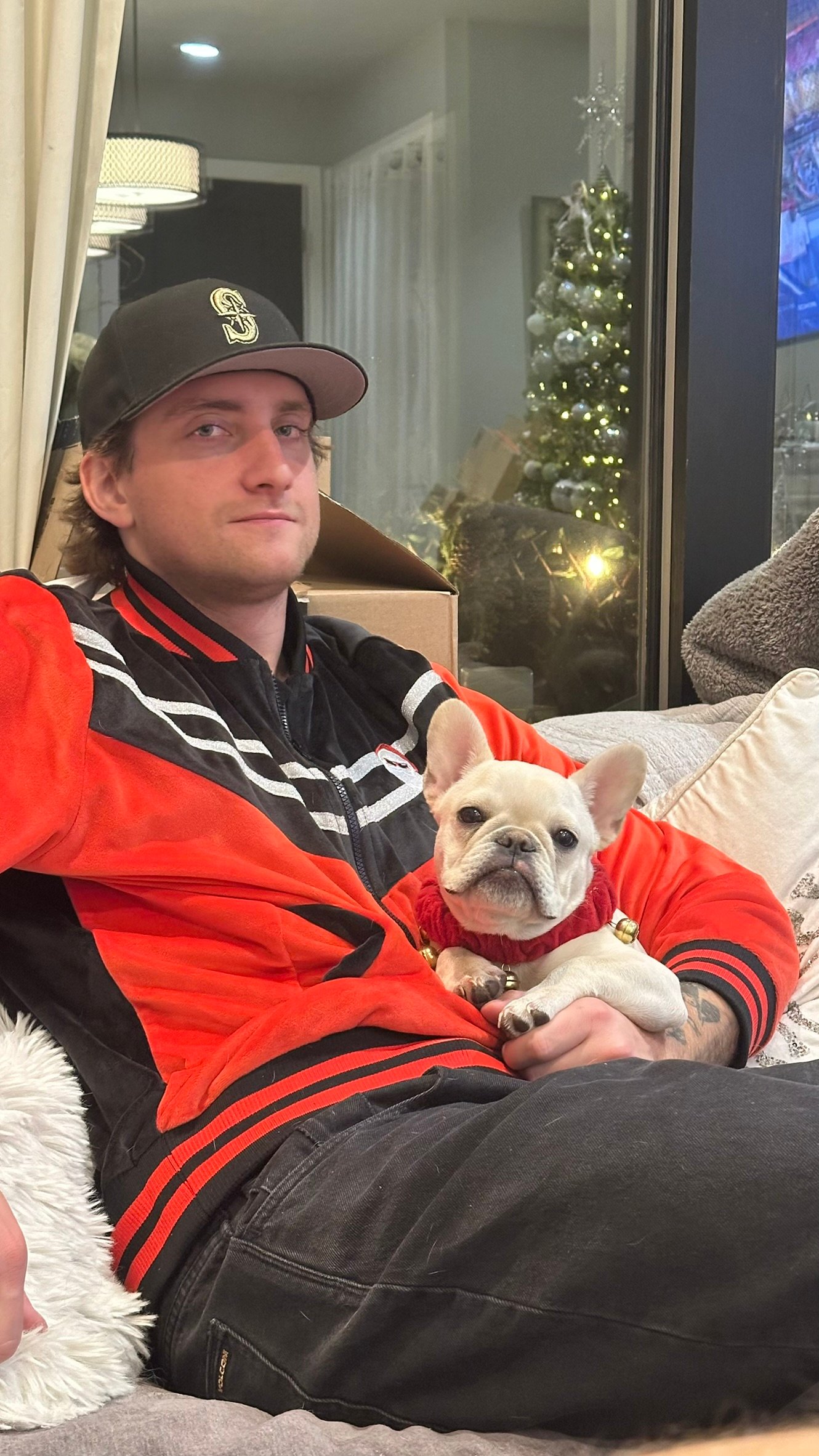 Sitting on a couch with puppy